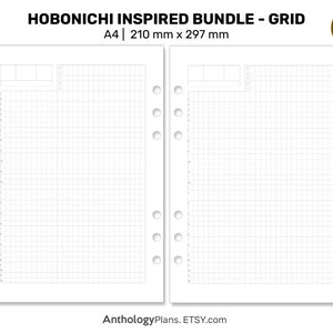 May include: A4 size printable grid paper planner pages inspired by Hobonichi. The pages are designed for use with a disc bound planner system. The pages are white with a light gray grid pattern.