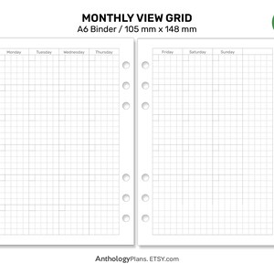 A6 Monthly View GRID Mo2p Printable Planner for Ring Binder Minimalist ...