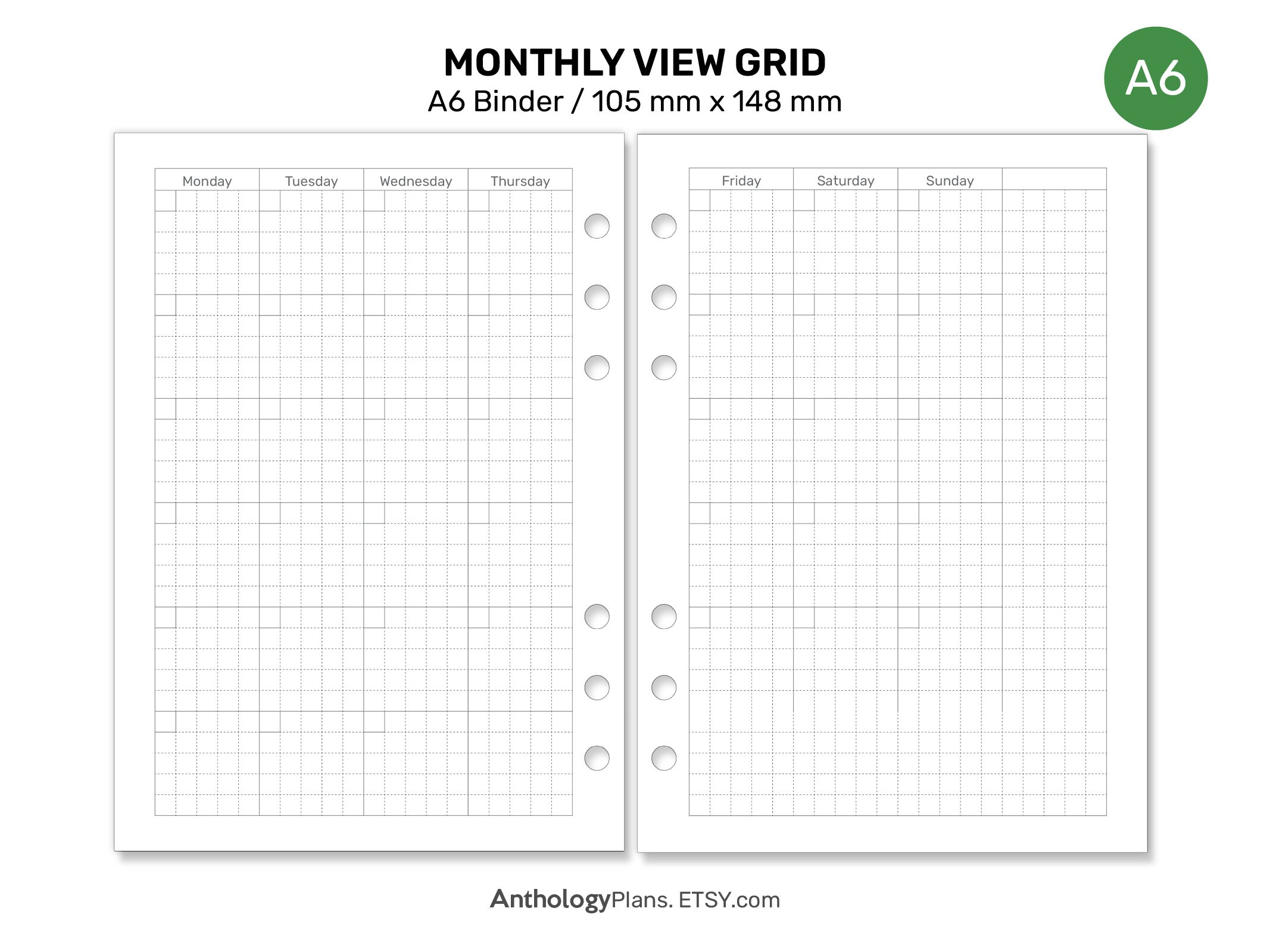 A6 Monthly View GRID Mo2p Printable Planner for Ring Binder Minimalist ...