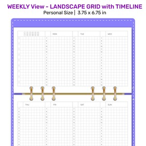 May include: A weekly planner with a landscape grid layout and a timeline. The planner is designed for personal use and measures 3.75 by 6.75 inches.