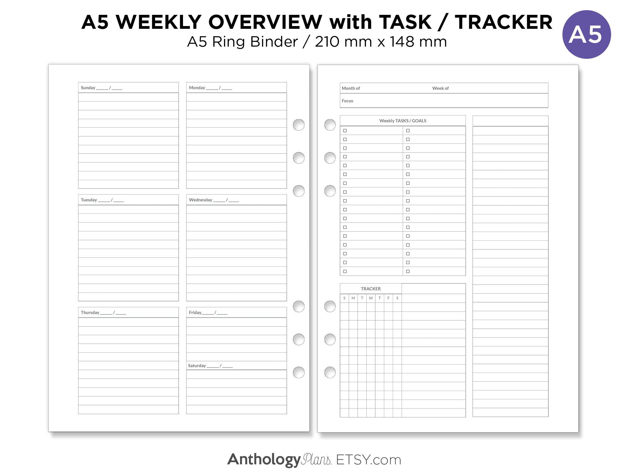 A5 Weekly View Summary Printable Insert for Ring Binders Planner Wo2p