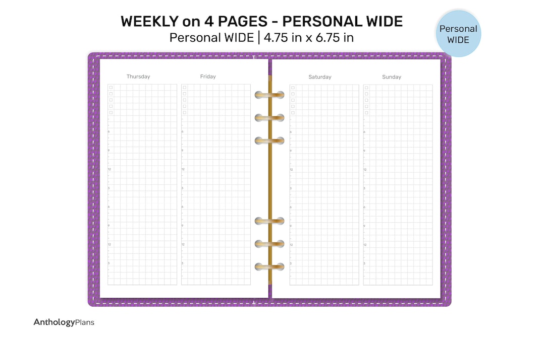 PERSONAL WIDE Weekly on 4 Pages Printable Insert for Ring Planner ...