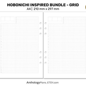 May include: A4 size printable grid paper planner page with a Hobonichi inspired design. The page has a grid pattern and a section for notes or to-do lists.