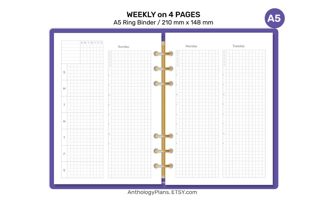 A5 Weekly on 4 Pages GRID Printable Planner Insert Ring Binder Planner ...