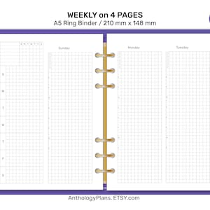 Planner settimanale A5 su 4 pagine con griglia stampabile, inserto per raccoglitore ad anelli