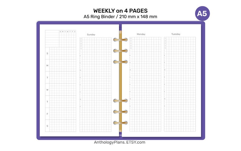 A5 Weekly on 4 Pages GRID Printable Planner Insert Ring Binder Planner ...