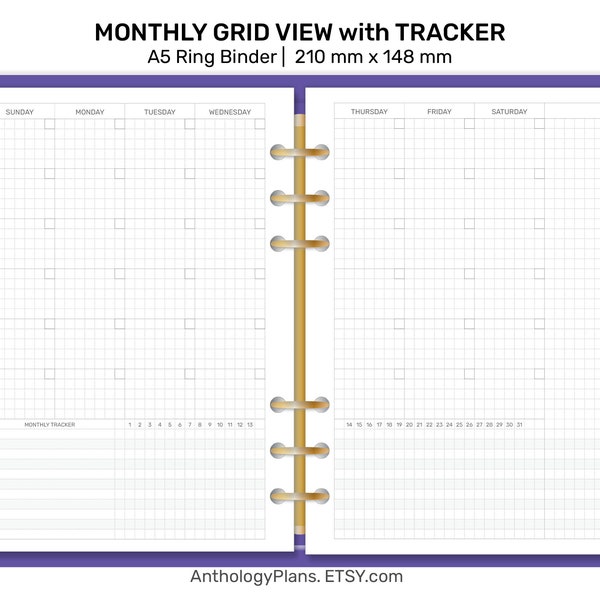 A5 MONTHLY GRID with Habit Tracker Printable Insert Ring Binder Planner Insert