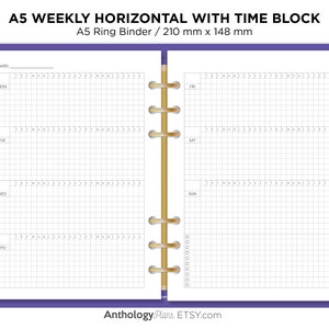 Cuadrícula semanal A5 horizontal con bloque de tiempo Carpeta de anillas Inserto de planificador imprimible