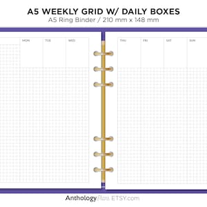 May include: A purple A5 ring binder with a weekly grid and daily boxes. The grid is divided into seven columns for each day of the week, with a separate box for each day. The grid is printed on white paper.
