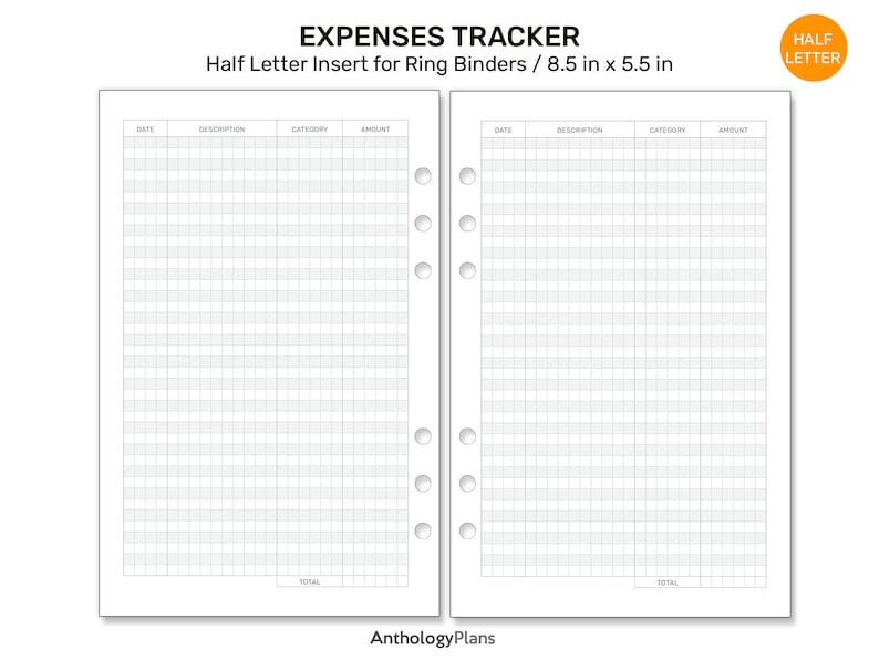HALF LETTER Expense Tracker GRID Printable Planner Insert for Ring ...