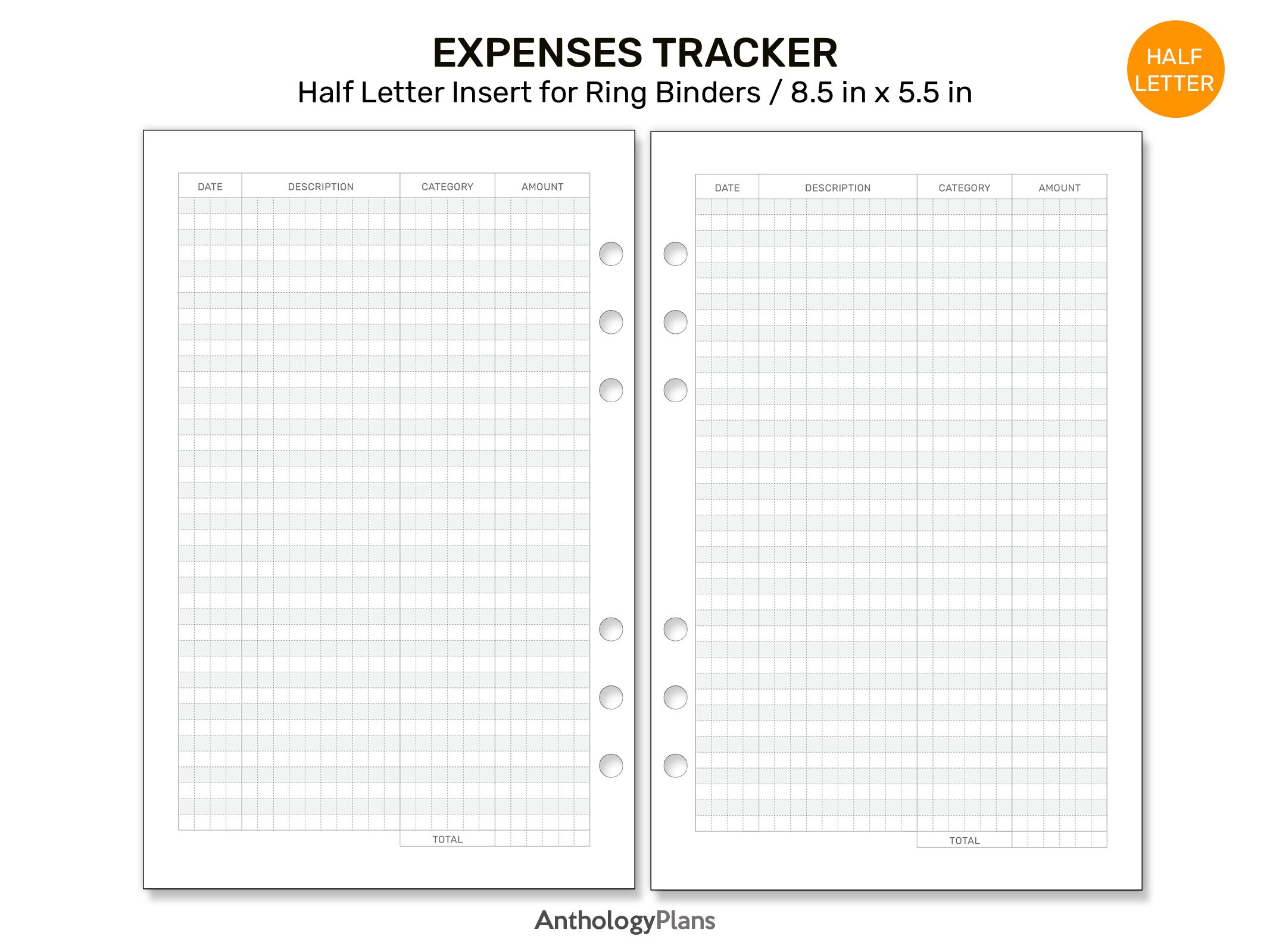 HALF LETTER Expense Tracker GRID Printable Planner Insert for Ring ...