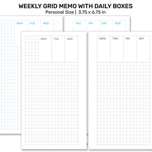 Könnte beinhalten: Ein wöchentlicher Raster-Memo-Planer mit täglichen Kästchen. Der Planer ist 3,75 Zoll mal 6,75 Zoll groß und hat ein Rastermuster. Die Wochentage sind oben in jeder Spalte beschriftet.