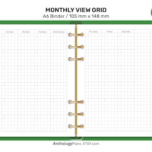 A6 Visualização Mensal GRID Mo2P Planejador para impressão para fichário funcional minimalista