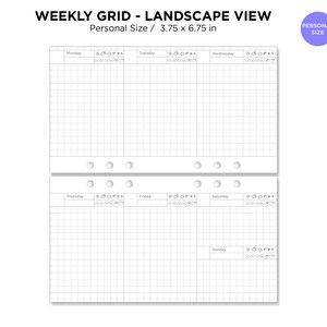 May include: A weekly grid planner in landscape view, measuring 3.75 by 6.75 inches. The planner is divided into seven sections for each day of the week, with a grid pattern for writing notes and appointments. The planner has a personal size.