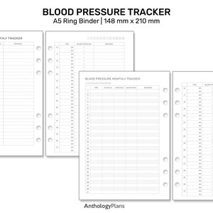 以下が含まれることがあります： 血圧トラッカー用の印刷可能なページが3枚あります。各ページには、日付、時間、収縮期血圧、拡張期血圧、心拍数、コメントの列を含む表があります。ページはA5リングバインダー用に設計されています。