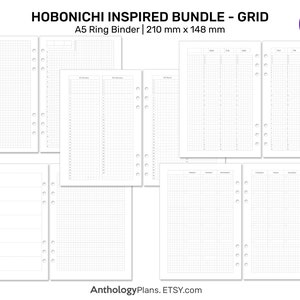 A5 Ring Hobonichi Inspired BUNDLE Set - Monthly, Weekly, Year at A Glance, Daily Page - Minimalist Functional Grid Printable Refill