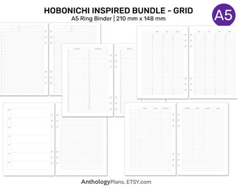 A5 Ring Hobonichi Inspired BUNDLE Set - Monthly, Weekly, Year at A Glance, Daily Page - Minimalist Functional Grid Printable Refill