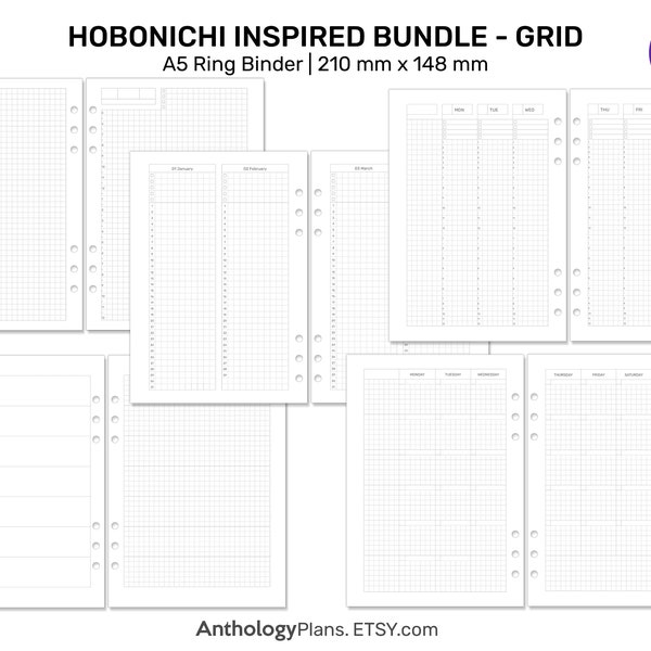 A5 Ring Hobonichi Inspired BUNDLE Set - Monthly, Weekly, Year at A Glance, Daily Page - Minimalist Functional Grid Printable Refill