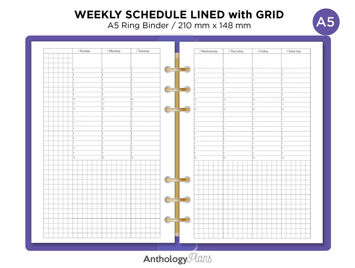A5 Weekly Schedule Lined With Grid Lines Printable Insert for Ring ...