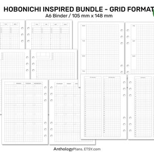 May include: A6 printable planner pages in grid format. The pages are designed to be used in a binder with a 105 mm x 148 mm ring size. The pages are blank and ready to be customised.