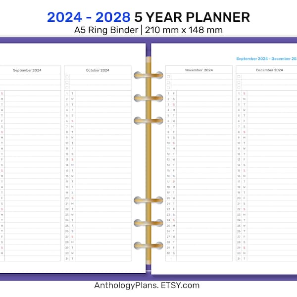 2024 - 2028 5 YEAR Future Log INDEX A5 Printable Planner insert for Ring Binder, Minimalist, Future Log