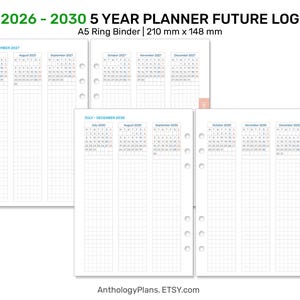May include: A5 ring binder planner with a future log for 2026-2030. The planner pages are white with a grid pattern and calendar layouts. The dimensions are 210 mm x 148 mm. The text "2026-2030 5 YEAR PLANNER FUTURE LOG" is at the top.