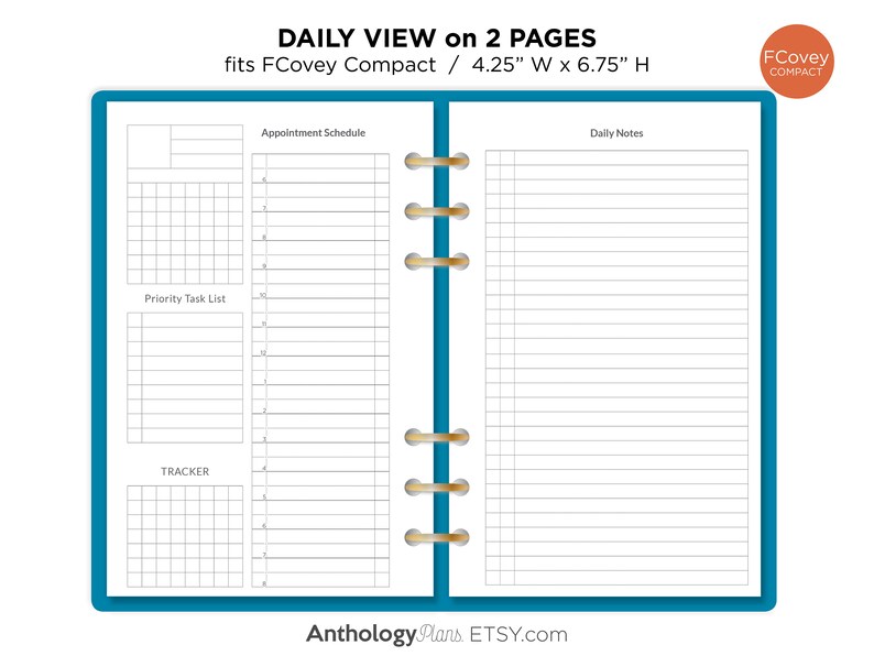 DAILY VIEW on 2 pages COMPACT for Franklin Covey Ring Binders Etsy