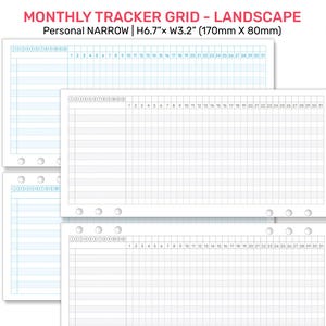 Könnte beinhalten: Drei weiße Monats-Tracker-Rasterblätter im Querformat. Jedes Blatt hat ein Raster mit 31 Spalten und 12 Zeilen. Die Blätter sind mit "MONTHLY TRACKER GRID - LANDSCAPE" und "Personal NARROW | H6.7"x W3.2" (170mm X 80mm)" beschriftet.