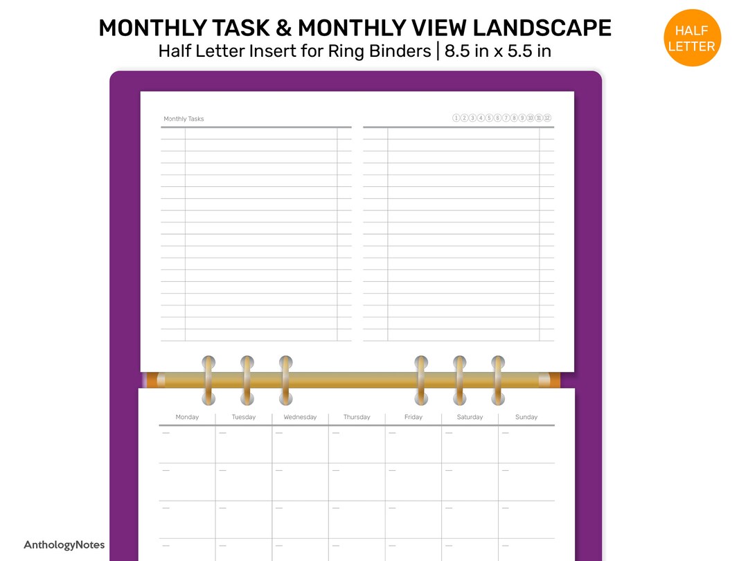 Half Letter Monthly Task & View Landscape Mo2p Printable Planner Insert ...