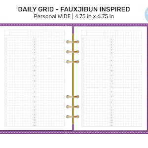May include: A printable planner page with a grid layout, designed for daily use. The page is labeled "Daily Grid - Faux Jibun Inspired" and is sized for a Personal Wide planner, measuring 4.75 inches by 6.75 inches.