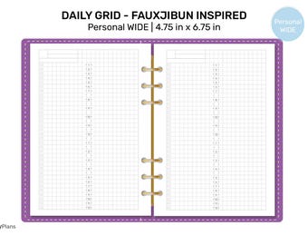 May include: A printable planner page with a grid layout, designed for daily use. The page is labeled "Daily Grid - Faux Jibun Inspired" and is sized for a Personal Wide planner, measuring 4.75 inches by 6.75 inches.