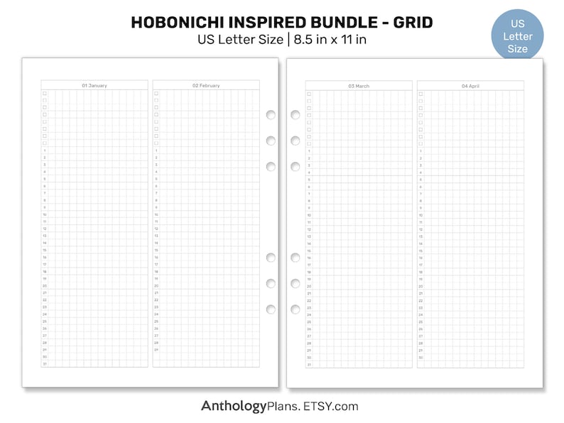 May include: A printable grid-style planner for January, February, March, and April. The planner is designed in a US Letter size, measuring 8.5 inches by 11 inches.