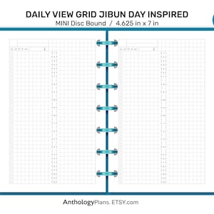 May include: A white daily planner with a grid layout, designed for use with a mini disc bound system. The planner is 11.75 cm by 17.78 cm and has a blue cover.