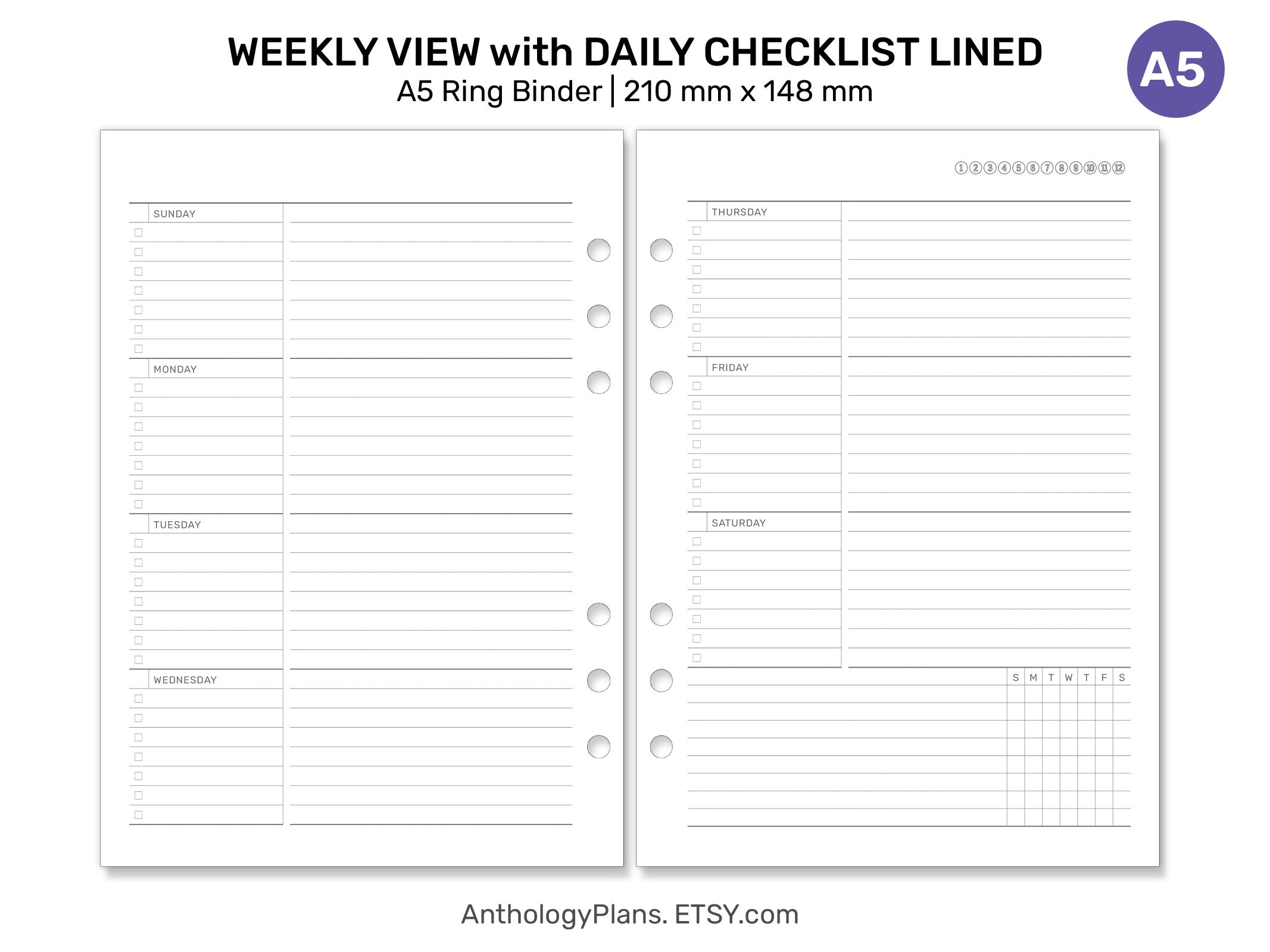 Task Week View A5 Week View HORIZONTAL With Daily Task List, Lined Minimalist With ...