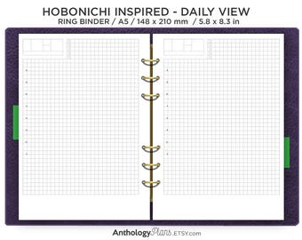 A5 プランナー リフィル 印刷可能なインサート - HOBONICHI 風レイアウト - デイリービュー ミニマリスト グリッド