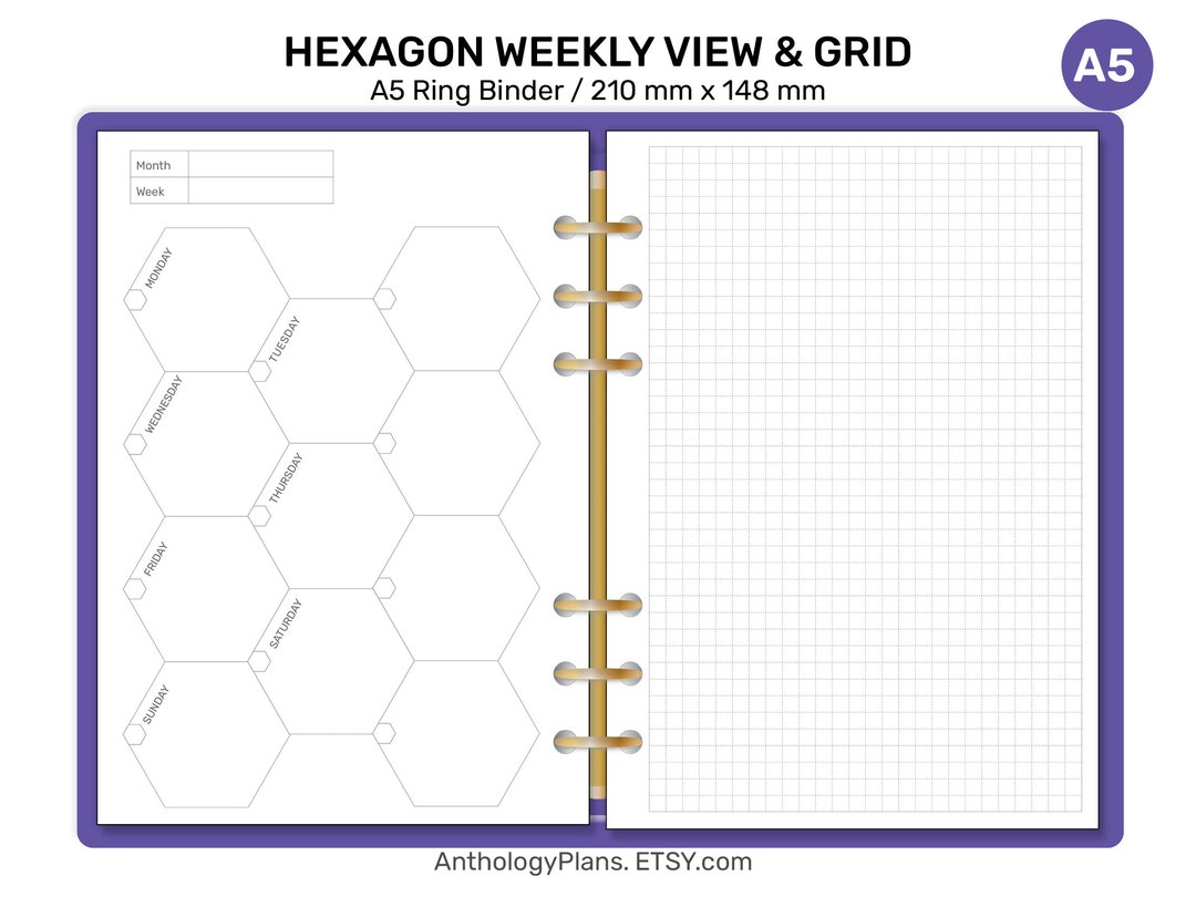 A5 Weekly View HEXAGON - GRID Printable Refill Insert for Ring Binder ...