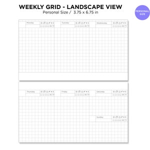 May include: A weekly grid planner in landscape view, measuring 3.75 by 6.75 inches. The planner is divided into seven days of the week, with each day having a grid for writing notes or scheduling appointments. The planner also includes a section for tracking weather, mood, and other daily activities.