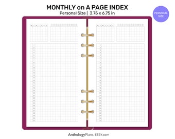 PERSONAL Monthly Index Ring Planner Undated Calendar-at-A-Glance Printable Planner Insert Minimalist GRID Format, Functional Planning FP034