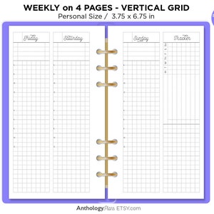 Może przedstawiać: Tygodniowy planer z pionowym układem siatki dla planera w rozmiarze osobistym. Planer jest podzielony na cztery strony, z których każda jest poświęcona innemu dniu tygodnia: piątek, sobota, niedziela i strona do śledzenia. Planer jest wydrukowany na białym papierze i ma jasnofioletowy okładkę.