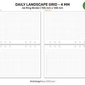 May include: White A6 ring binder paper with a 4mm landscape grid design. The paper includes two versions of the grid layout, each with a section for notes and a grid for daily planning. The paper measures 105mm x 148mm.
