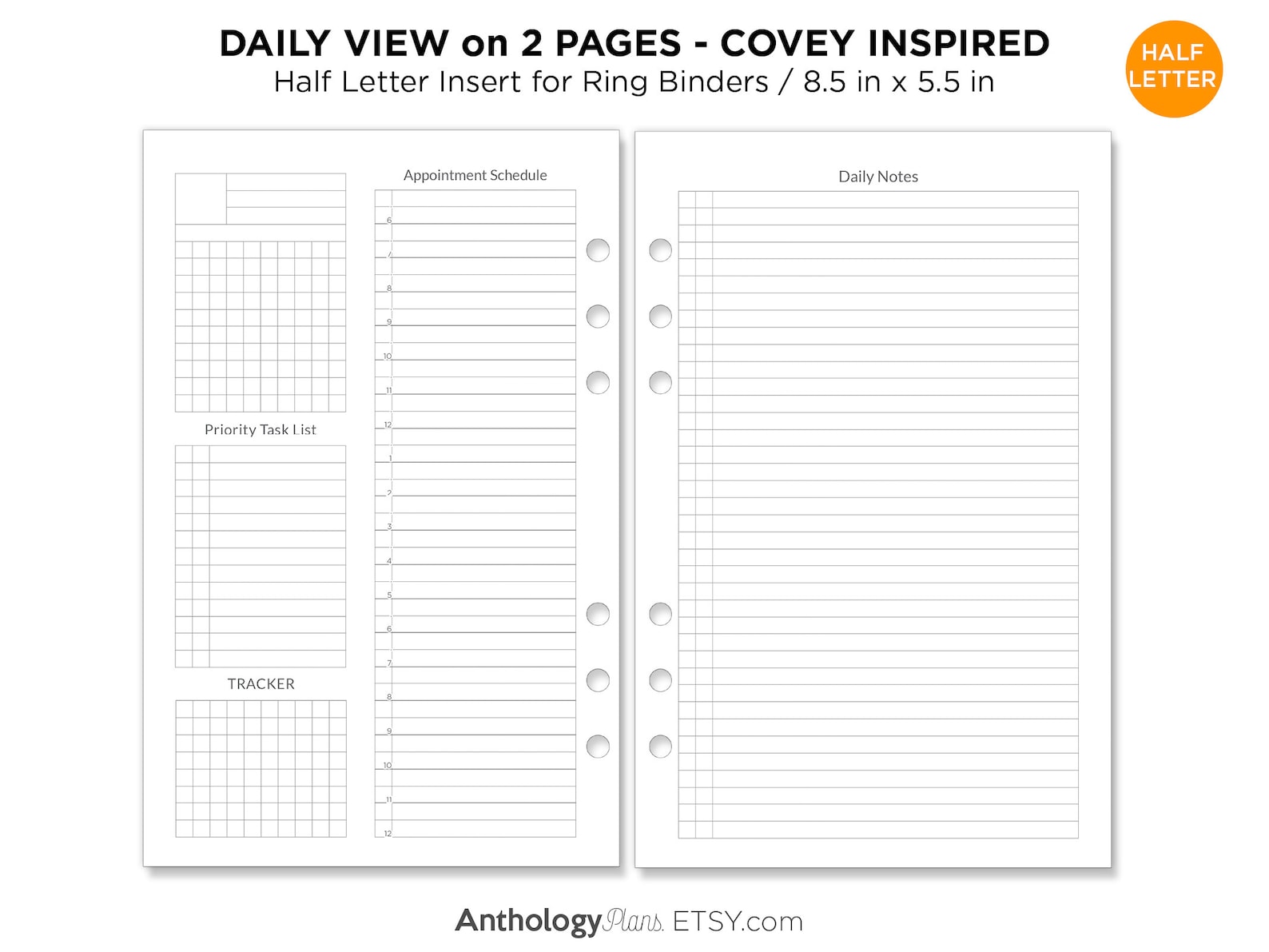 DAILY on 2 Pages HALF LETTER Classic Schedule Appointment Printable for ...