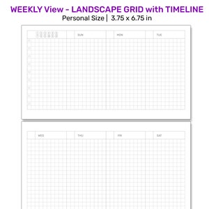 May include: A weekly planner with a landscape grid layout and a timeline. The planner is designed for personal use and measures 3.75 by 6.75 inches.