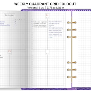 Könnte beinhalten: Ein wöchentlicher Quadranten-Grid-Foldout-Planer im persönlichen Format, 9,5 x 17,1 cm. Der Planer verfügt über ein Rasterlayout mit Abschnitten für jeden Wochentag, mit Platz für Notizen und To-Do-Listen. Der Planer enthält den Text "Weekly Quadrant Grid Foldout" und "Personal Size".