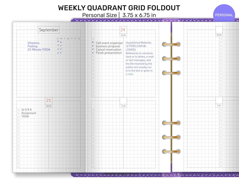 May include: A weekly quadrant grid foldout planner in personal size, 3.75 x 6.75 inches. The planner features a grid layout with sections for each day of the week, with space for notes and to-do lists. The planner includes the text "Weekly Quadrant Grid Foldout" and "Personal Size".