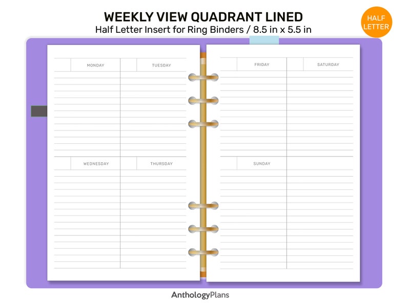 Half Letter Weekly Quadrant LINED Undated Printable Planner Insert ...