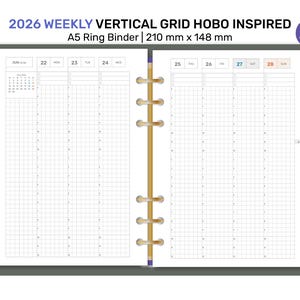 May include: Open A5 ring binder with a weekly vertical grid layout for 2026. The planner features a grid design with a calendar and space for daily scheduling. The binder is 210 mm x 148 mm.