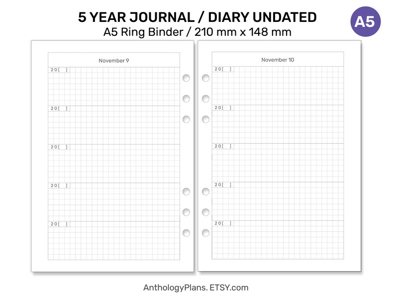 A5 5 YEAR Planner Journal Undated A Line A Day GRID Format for Memory Keeping Printable Ring