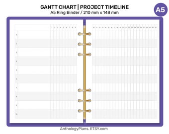 Pode incluir: Um fichário A5 roxo com interior branco e encadernação em espiral dourada. O fichário é etiquetado como "GANTT CHART | PROJECT TIMELINE" e "A5 Ring Binder / 210 mm x 148 mm". O interior do fichário é dividido em 31 colunas e 10 linhas.