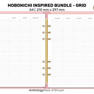 May include: A white A4 size grid planner with a gold coil binding. The planner is divided into seven columns for each day of the week, with the days labeled at the top. The planner is designed to be used as a weekly planner.