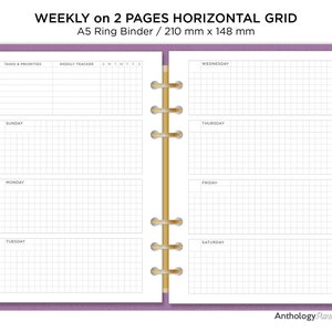 A5 Grid Week on 2 Pages, HORIZONTAL Planner Insert Refill, with Weekly Tracker Printables Inserts , Undated - WO2P Minimalist